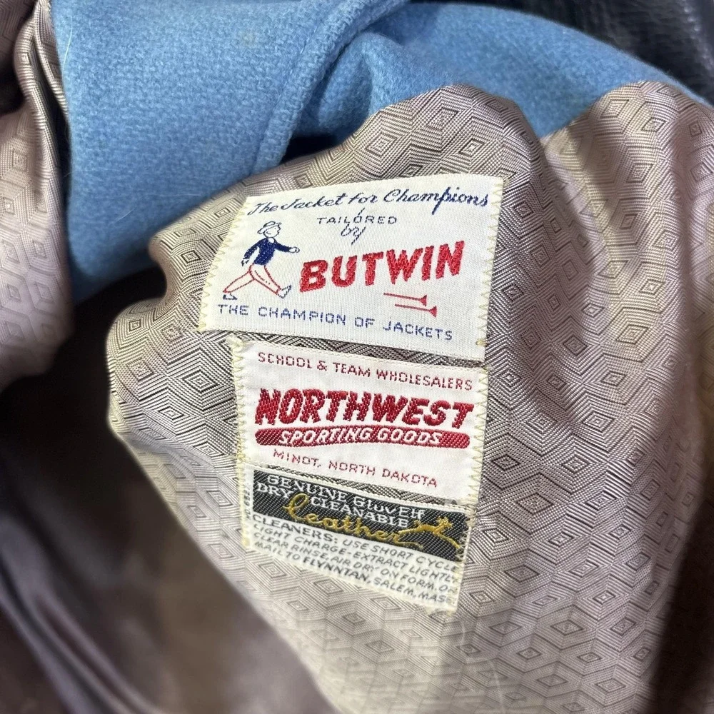 Vintage‎ Butwin Jacket Mens 44 Blue Leather Varsity Softball 1968 North Dakota